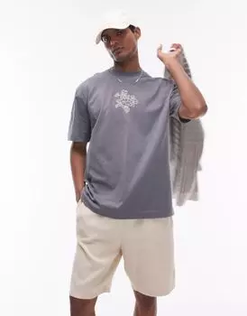 Темно-серая футболка оверсайз Topman с цветочной вышивкой