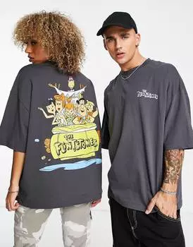 Темно-серая футболка оверсайз унисекс с принтом Flintstones ASOS DESIGN