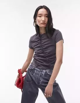 Темно-серая футболка с присборенными оборками Topshop