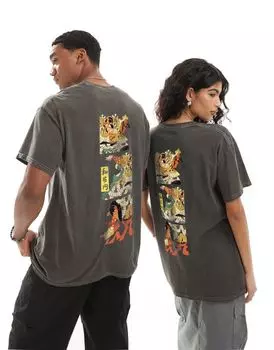 Темно-серая футболка с рисунком PRNT x ASOS Samurai