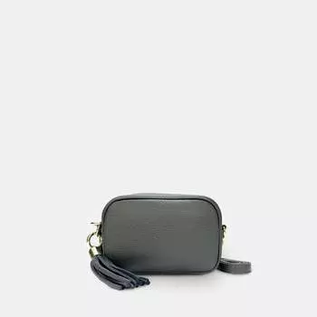 Темно-серая кожаная сумка для телефона Mini с кисточками и золотым ремешком-цепочкой Apatchy London