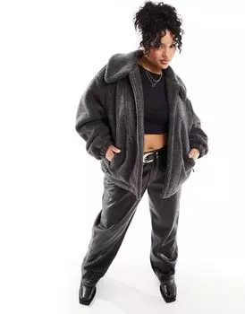 Темно-серая куртка тедди с воротником ASOS DESIGN Curve
