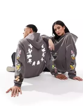 Темно-серая толстовка унисекс ASOS Disney с объемным кроем и яркими принтами с Микки Маусом и друзьями
