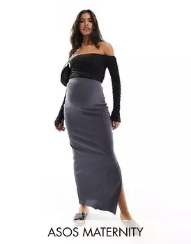 Темно-серая юбка макси в рубчик с разрезом по бокам ASOS DESIGN Maternity
