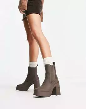 Темно-серо-коричневые ботинки из искусственной кожи на каблуке Steve Madden Climate с эластичной резинкой по бокам