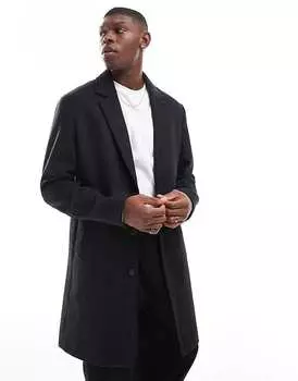 Темно-серое длинное пальто из смесовой шерсти с узором "гусиные лапки" Jack & Jones