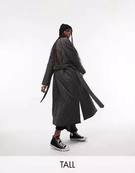 Темно-серое длинное стеганое пальто без воротника Topshop