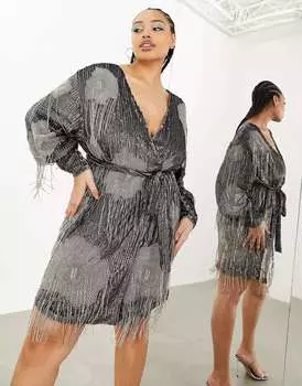 Темно-серое мини-платье с цветочной бахромой и пайетками ASOS Curve