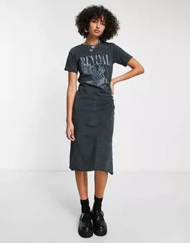 Темно-серое платье-футболка миди с изображением птиц ASOS DESIGN
