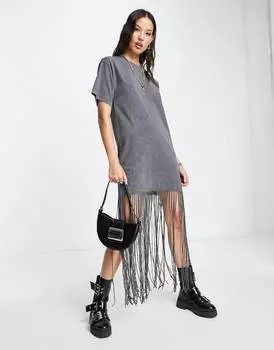 Темно-серое платье-футболка оверсайз с бахромой по краю ASOS DESIGN