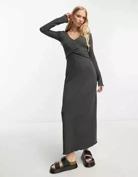 Темно-серое платье миди с длинными рукавами и перекрёстком ASOS Design