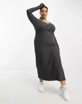 Темно-серое платье миди с длинными рукавами и крест-накрест ASOS DESIGN Curve