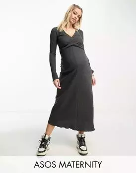 Темно-серое платье миди с длинными рукавами и перекрестием спереди ASOS Design Maternity