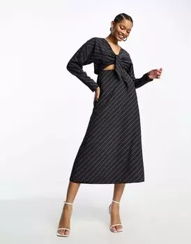 Темно-серое платье миди с длинными рукавами и вырезом на талии ASOS DESIGN