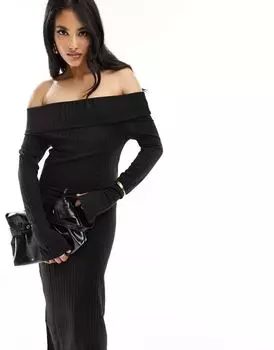 Темно-серое платье миди с открытыми плечами и длинными рукавами New Look