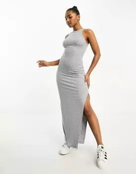 Темно-серое платье миди в рубчик с вырезом халтер Miss Selfridge