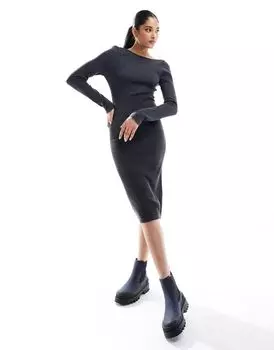 Темно-серое платье миди в рубчик с длинными рукавами Miss Selfridge