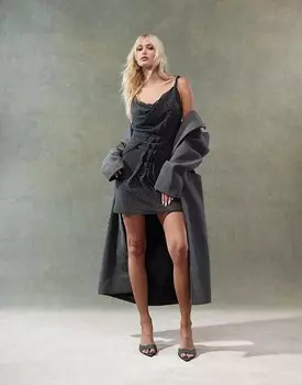 Темно-серое платье мини с драпировкой, украшенное стразами ASOS DESIGN