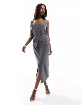 Темно-серое платье на бретельках мидакси с пряжками Kaiia