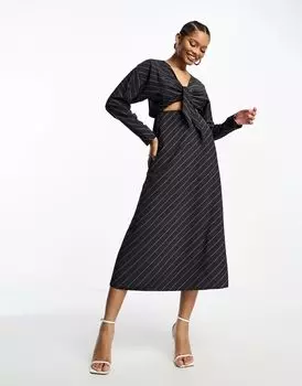 Темно-серое полосатое платье миди с длинными рукавами и вырезом на талии ASOS