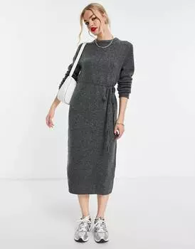 Темно-серое трикотажное платье миди с завязками на талии ASOS DESIGN