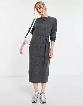Темно-серое трикотажное платье миди с завязкой на талии ASOS DESIGN