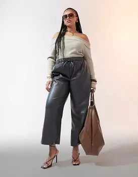 Темно-серые широкие брюки из искусственной кожи без застежки ASOS DESIGN Curve