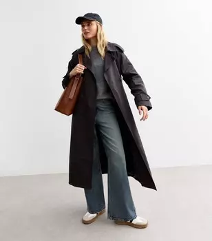 Темно-серый двубортный тренч из хлопка на подкладке New Look, темно-серый