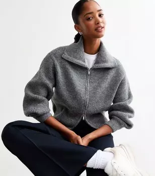 Темно-серый кардиган в рубчик с высоким воротником New Look, темно-серый