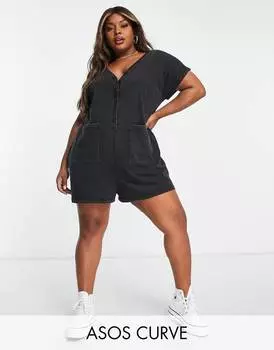 Темно-серый комбинезон ASOS DESIGN Curve с застиранными пуговицами и объемным комбинезоном