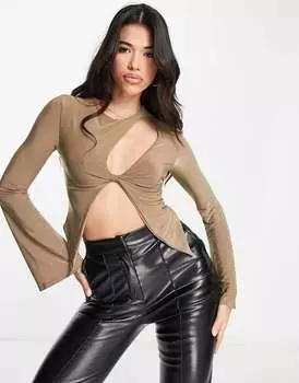 Темно-серый топ с асимметричным вырезом и длинными рукавами ASOS