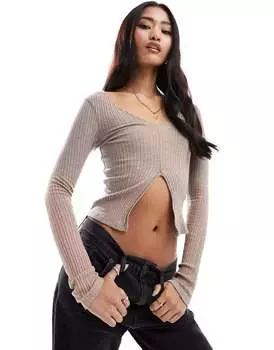 Темно-серый топ с длинными рукавами и разрезом спереди в рубчик Pull&Bear