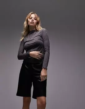 Темно-серый топ с жатым воротником и длинными рукавами Topshop