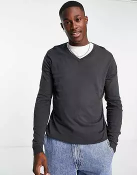 Темно-серый трикотажный джемпер с v-образным вырезом из хлопка ASOS DESIGN