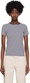 Темно-сине-белая классическая футболка Белая Sunspel