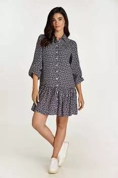 Темно-Сине-Белое платье с принтом и пуговицами Conquista, синий