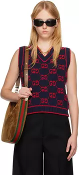 Темно-сине-красный жилет с узором GG Gucci