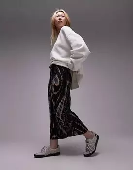 Темно-сине-золотая плиссированная юбка миди с принтом тай-дай Topshop