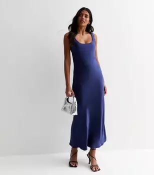 Темно-синее атласное платье-комбинация с круглым вырезом New Look, военно-морской