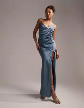 Темно-синее атласное платье макси на бретелях с драпировкой ASOS Bridesmaid