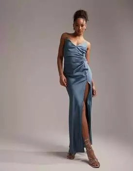 Темно-синее атласное платье макси на бретелях с драпировкой ASOS Bridesmaid