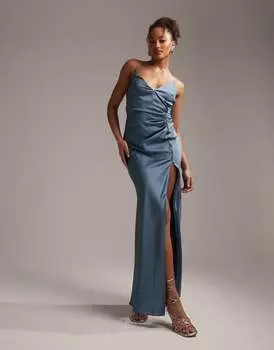 Темно-синее атласное платье макси на бретельках с драпировкой ASOS DESIGN Bridesmaid