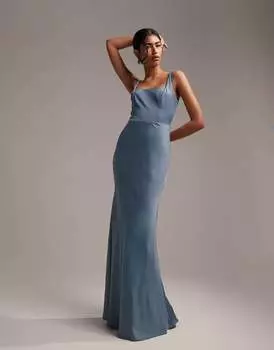 Темно-синее атласное платье макси с квадратным вырезом ASOS Bridesmaid