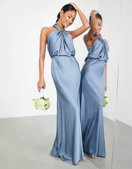 Темно-синее атласное платье макси с рюшами на шее ASOS EDITION