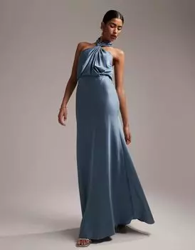 Темно-синее атласное платье макси со сборками и воротником-бретелькой ASOS Bridesmaid