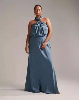 Темно-синее атласное платье макси со сборками и воротником-бретелькой ASOS DESIGN Bridesmaid Curve