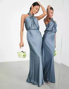 Темно-синее атласное платье макси со сборками и воротником-бретелькой ASOS Bridesmaid