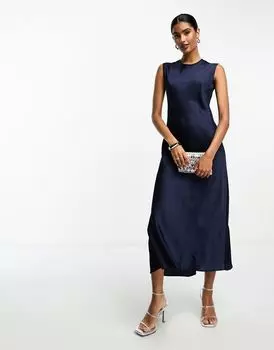 Темно-синее атласное платье миди ASOS DESIGN