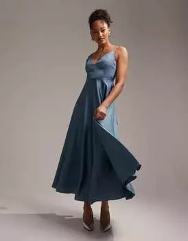 Темно-синее атласное платье миди с завязками на спине ASOS