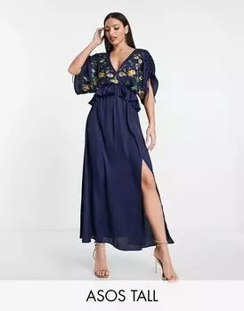 Темно-синее атласное платье миди с вышивкой и оборками на талии ASOS DESIGN Tall